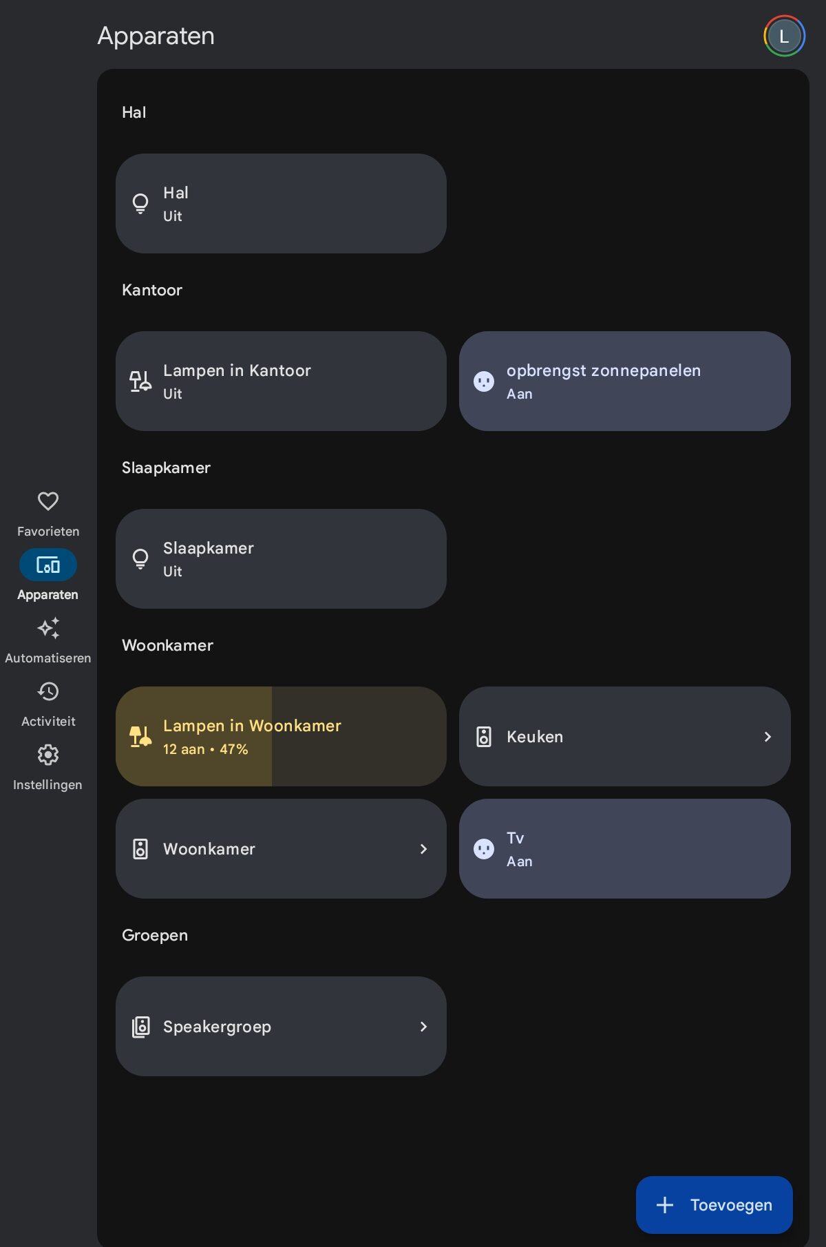 screenshot van ons bestaande smarthome systeem